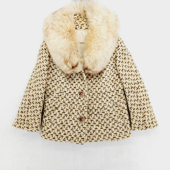 Carlson Jackets & Blazers - Carlson Cream Brown Button Up Real Fur Collar Pockets Winter Tweed Coat Z16